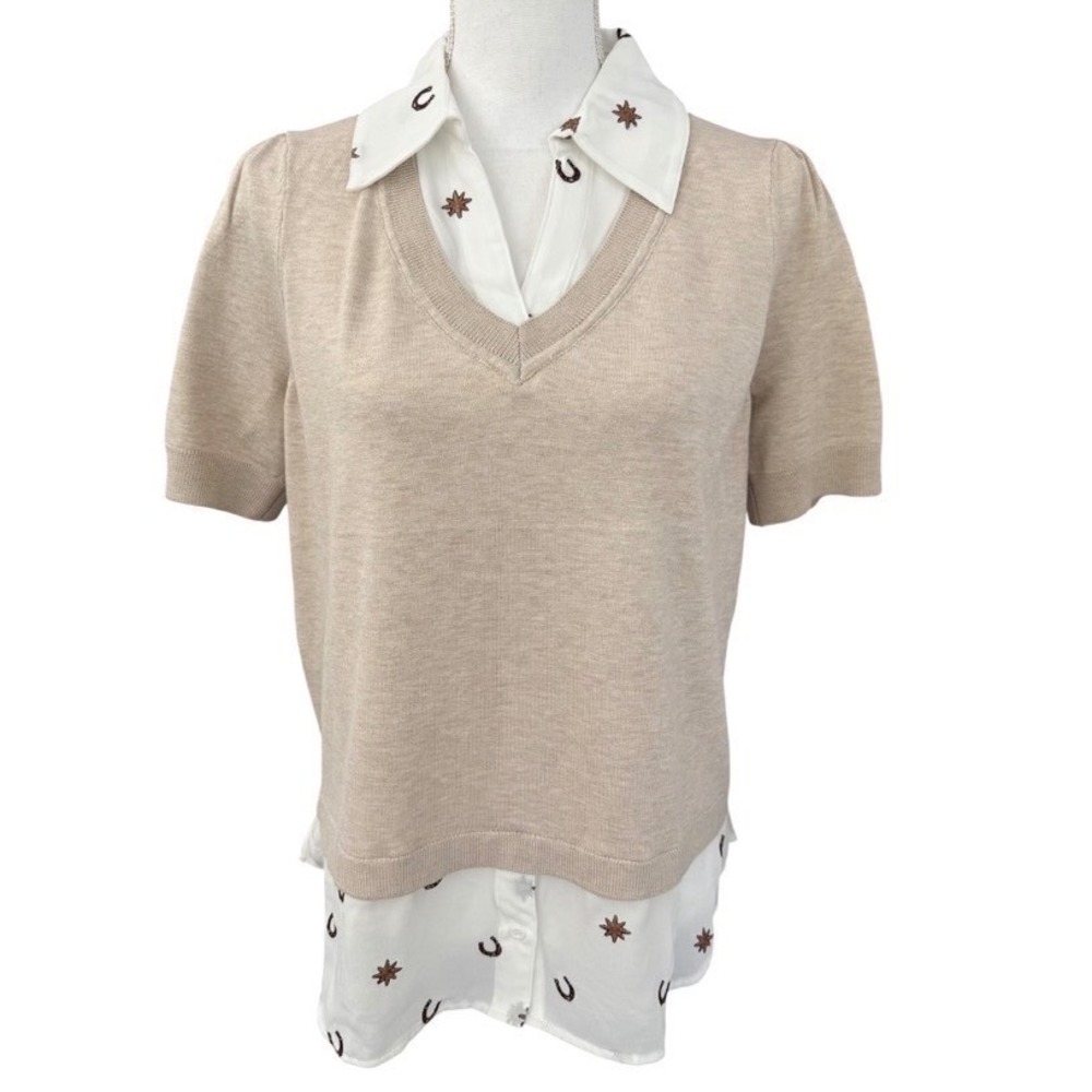 Belldini Western Short Sleeve V Neck Sweater Tan Shirt Women Large NWT